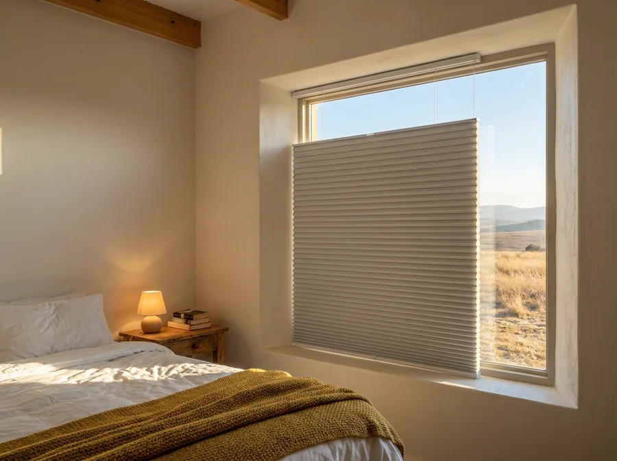 Pale-grey cellular honeycomb blind fitted inside the deep window reveal of a Chartwell-area bedroom, crisp pleats catching low winter sun with dry highveld grassland beyond the glass