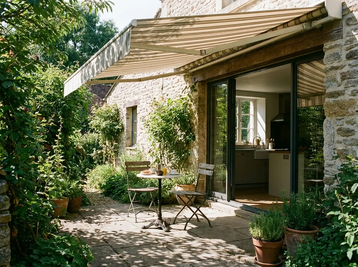 Folding-arm awning half-extended over a small breakfast patio with a bistro table on a Chartwell-area smallholding, dappled shade on the paving