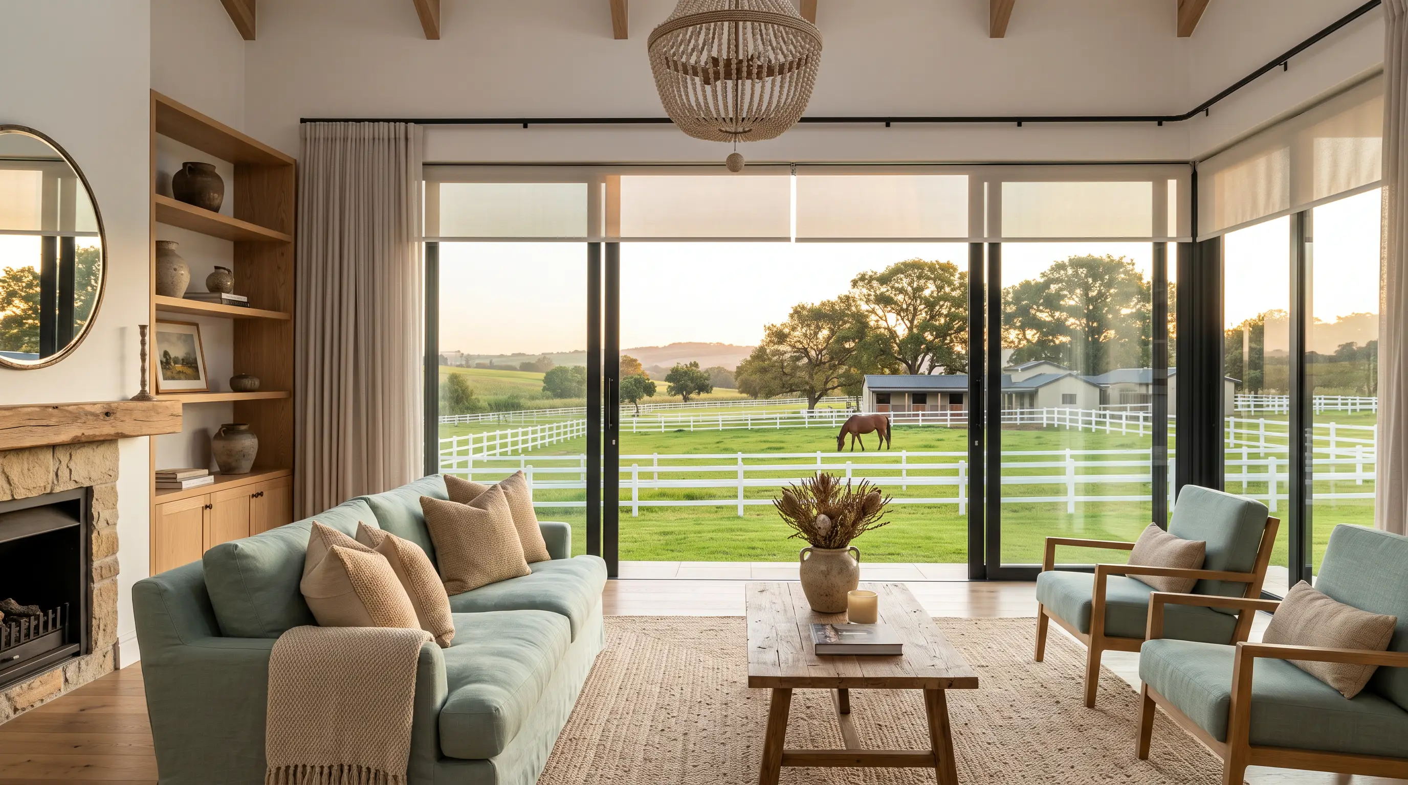 Sunscreen roller blinds half-lowered across a full-height window, framing a Chartwell paddock, white post-and-rail fencing and a grazing horse at sunset